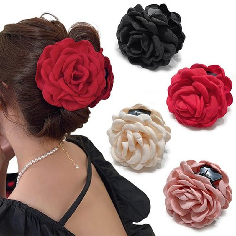 Rauimour 4pcs Handmade Fabric Rose Flower Hair Claw Clip for Women Girls, 3.94" Large Boho Hawaiian Floral Hairpins Barrettes for Thick Thin Hair Styling Accessories(Red Pink)