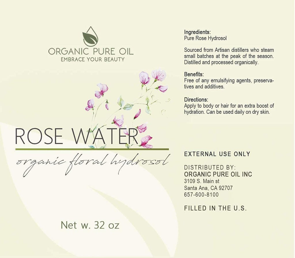 Rose Hydrosol Water, Pure Rosewater Spray Mist Bulk, Hydrating Face Toner Rose Water for Skin and Hair Linen Spray for Sheets Room Freshener Body Spray Refill By Organic Pure Oil, 32 oz