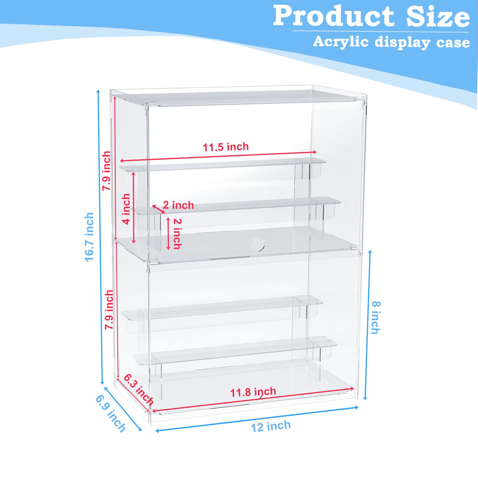 Nynelly 2 Tier Acrylic Display Case for Collectibles, Clear Display Boxes with Shelves and Door, Assemble Countertop Minifigure Showcase for Action Figures,Funko Pop, Toys,12“Lx6.9 Wx16.7 H