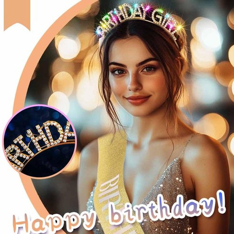 Aceorna Light Up Birthday Girl Headband Gold Rhinestone Crown and Sash Led Birthday Accessories Sets for Women (Gold, One Size)