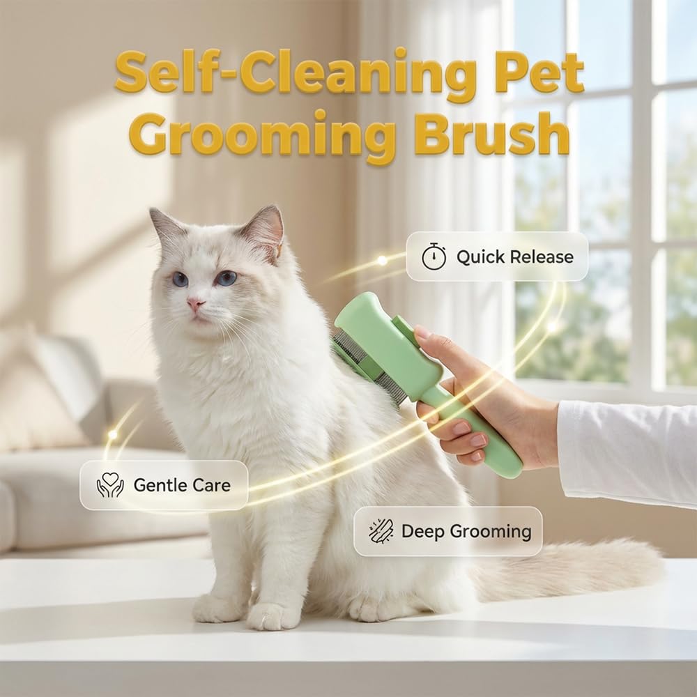 Spwejsr Cat Self Cleaning Pet Hair Removal Comb, One-Click Self-Cleaning Brush with Stainless Steel Teeth & Release Button, De-Shedding Comb for Cats & Dogs Long & Short Hair (Green- High-Low Teeth)