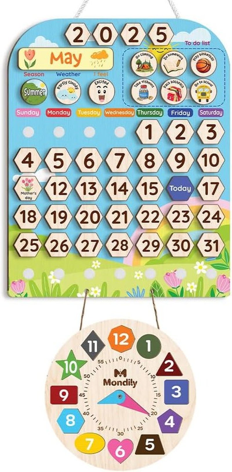 Skiennix Interactive Wooden Calendar for Kids Ages 3+ | Teaches Seasons & Daily Activities (12 x 15 Inches)