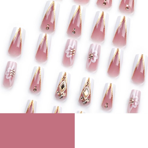 DANMANR V French Press on Nails Pink Fake Acrylic Long Nails Square Full Cover Fake Flower Nails for Women and Girls 24PCS