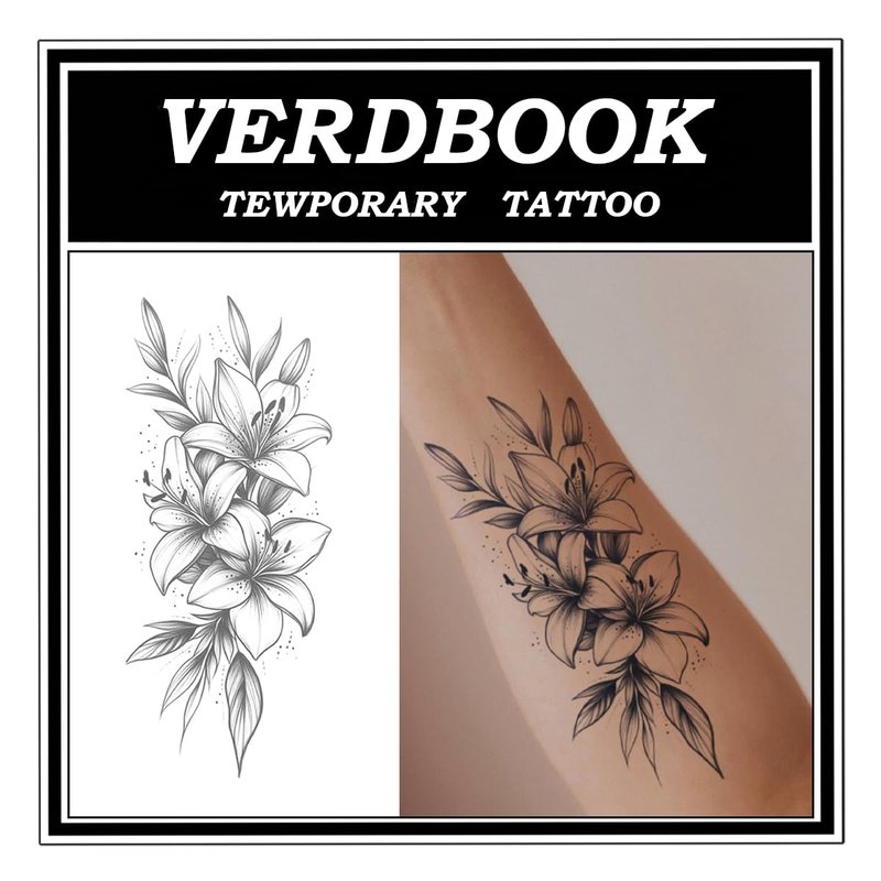 VERDBOOK Waterproof Temporary Tattoos: 2-Sheet Tattoo Kit with Realistic Body Stickers, Semi-Permanent Tattoos for Adults Lasting 7-15 Days – Safe for Men & Women, Lily Tower