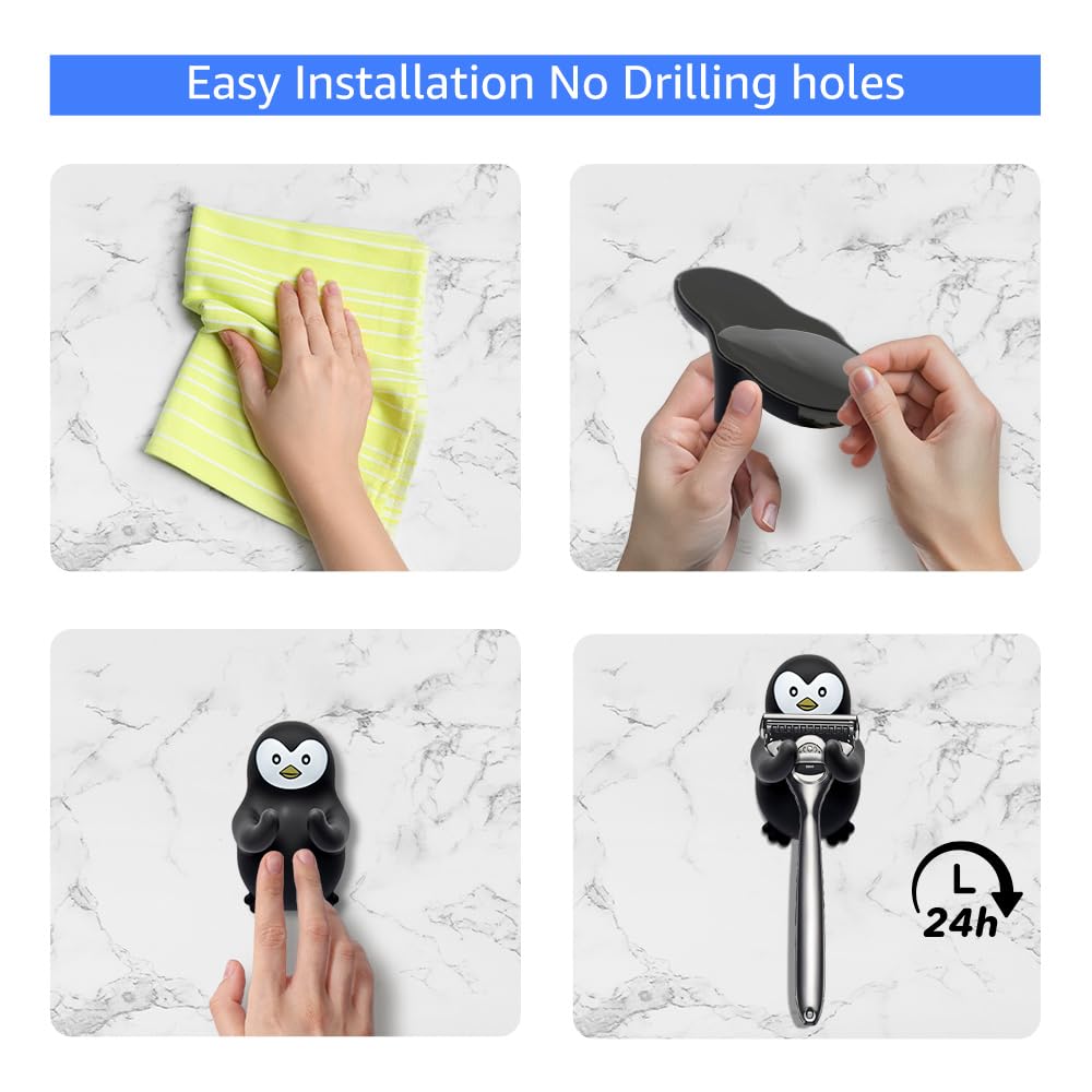 Pishovi Penguin Holder Shaver Organizer, Cute Penguin Animal Bathroom Decor Razor Holder Wall Mount, Birthday Gifts for Men Women Boyfriend Girlfriend, Emotiona Gifts for Wife Husband Penguin Lover