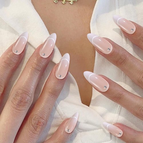 ADAIER Handmade Press On Nails, French Nails,wedding, party,Short Coffin Nails Set for Handmade,Reusable Opaque Nails in 10 Nail Kit for Women(Z-02) (Z16, S)