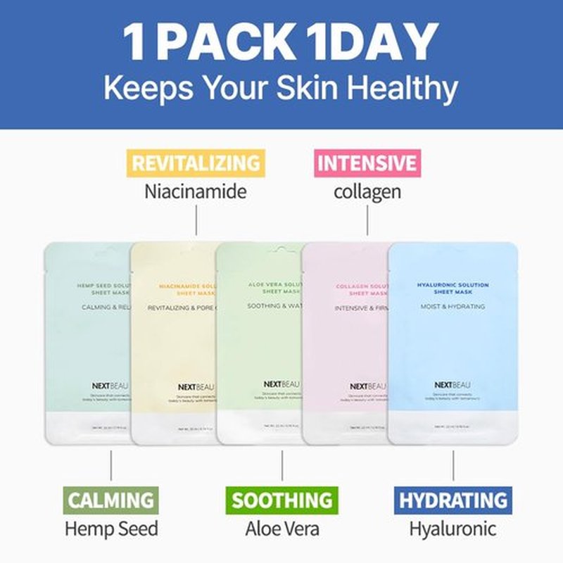 NEXTBEAU [PACK OF 20 Solution Sheet Mask Pack 5types x 4pc Aloe, Niacinamide, Collagen, Hemp seed, Hyaluronic Acid