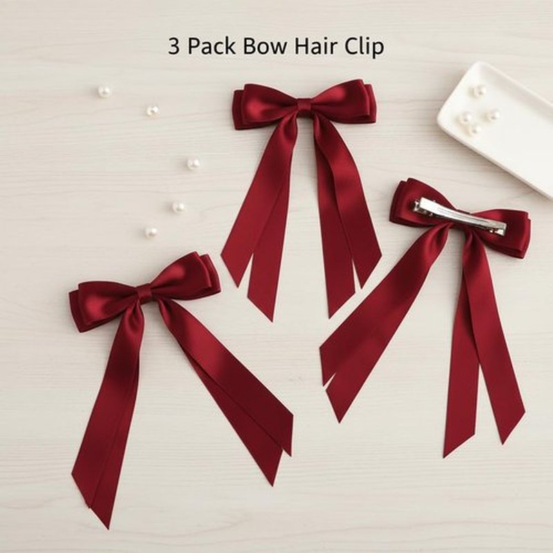 Burgundy Hair Bows for Women 3PCS Soft Silky Satin Bow Hair Clips with Metal Clips Long Tail Hair Ribbon Ponytail Holder Wedding Dress Decor Hair Accessories for Girls Teen