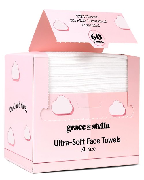 grace & stella Face Towels Disposable - Travel Essentials - Ultra-Soft & Absorbent Face Wipes Towelettes - XL Facial Towels for Cleansing & Makeup Removal - Lint-Free Facial Tissue - Vegan (60 Count)