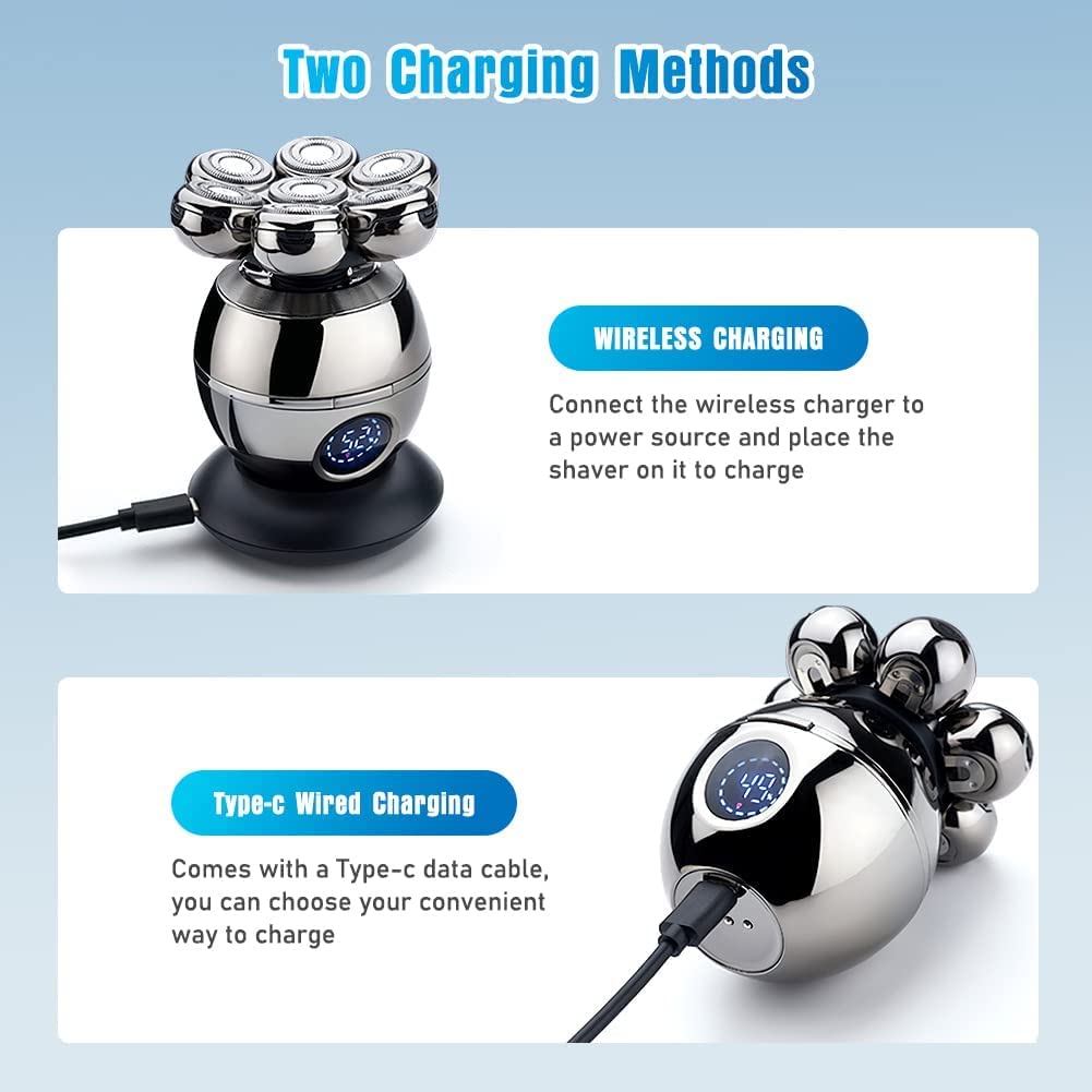 Head Shavers for Bald Men, Wjiang 6 in 1 Electric Razor Mens Shaver Wet Dry Cordless Electric Skull Shavers 7D Floating Rechargeable Bald Head Shaver Back for Men Father's Day Gifts