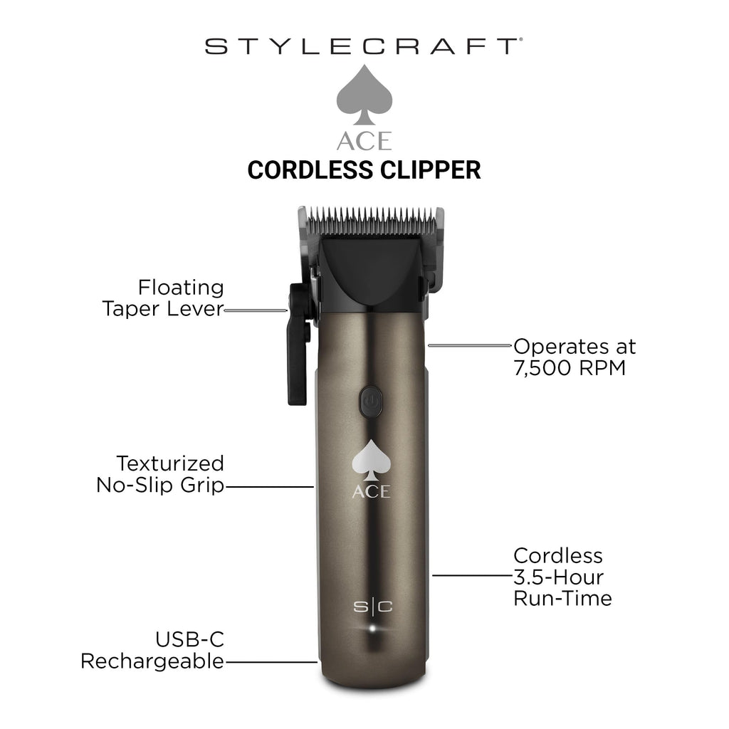 Stylecraft Ace Cordless Hair Clipper, 2.5 Hour Run-time, 6 Blade Guards, Clippers for Men and Women, Lightweight Ergonomic Grip