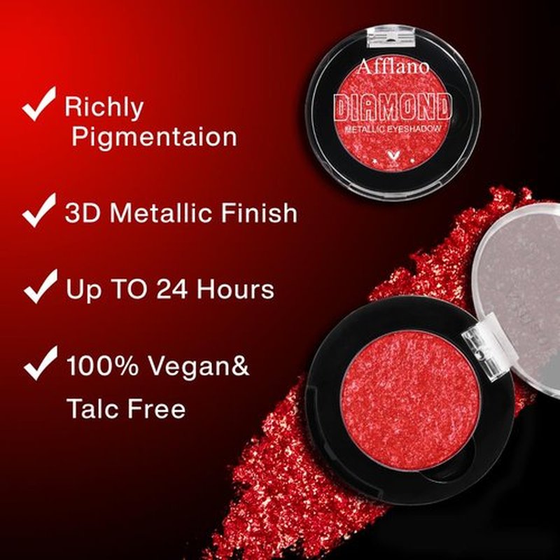 Afflano Red Glitter Eyeshadow, Diamond Bright Red Eyeshadow Instant Color, Super Pigmented Metallic Eye shadow One Swipe, Holographic Single red Shimmer Eye shadow for Goth Smoky Clown Eyes Makeup