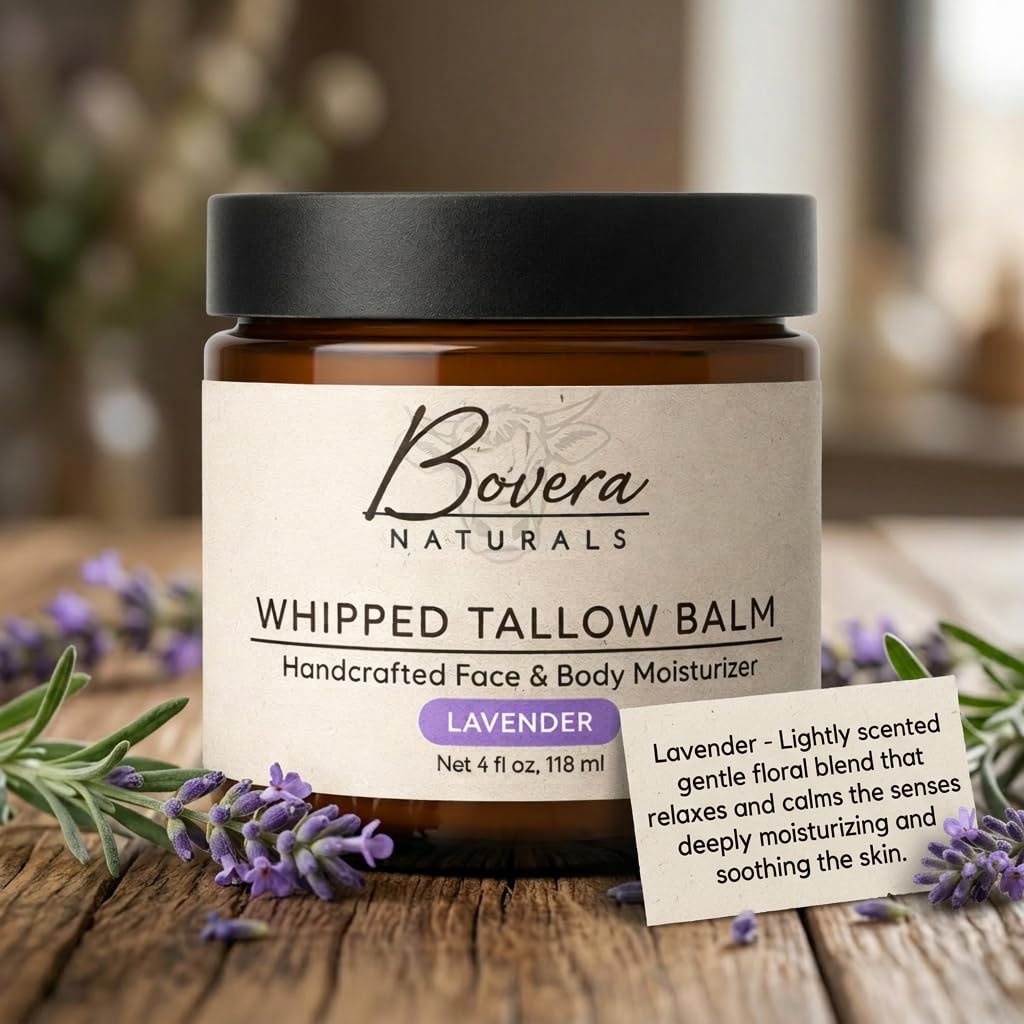 Bovera Naturals Tallow Moisturizer, Lavender Scented Face and Body Cream, 100% Organic Grass-Fed Beef Tallow, Non-Greasy for Dry Sensitive Skin, Eczema Cream and Body Butter, 4 fl oz