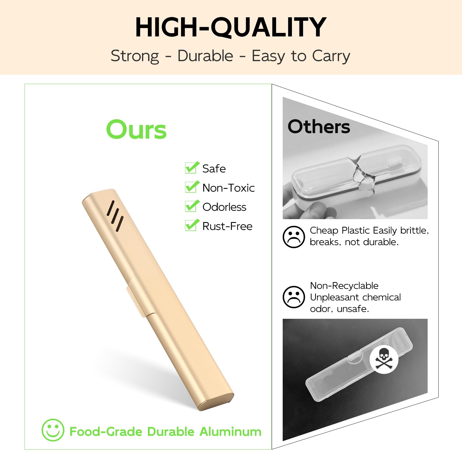 Glowivize Travel Toothbrush Case, 2Pack Portable Toothbrush Holders, Durable Aluminum Toothbrush Storage Box, Small Breathable Manual Toothbrush Container for Traveling, Camping, Business Trip - Gold