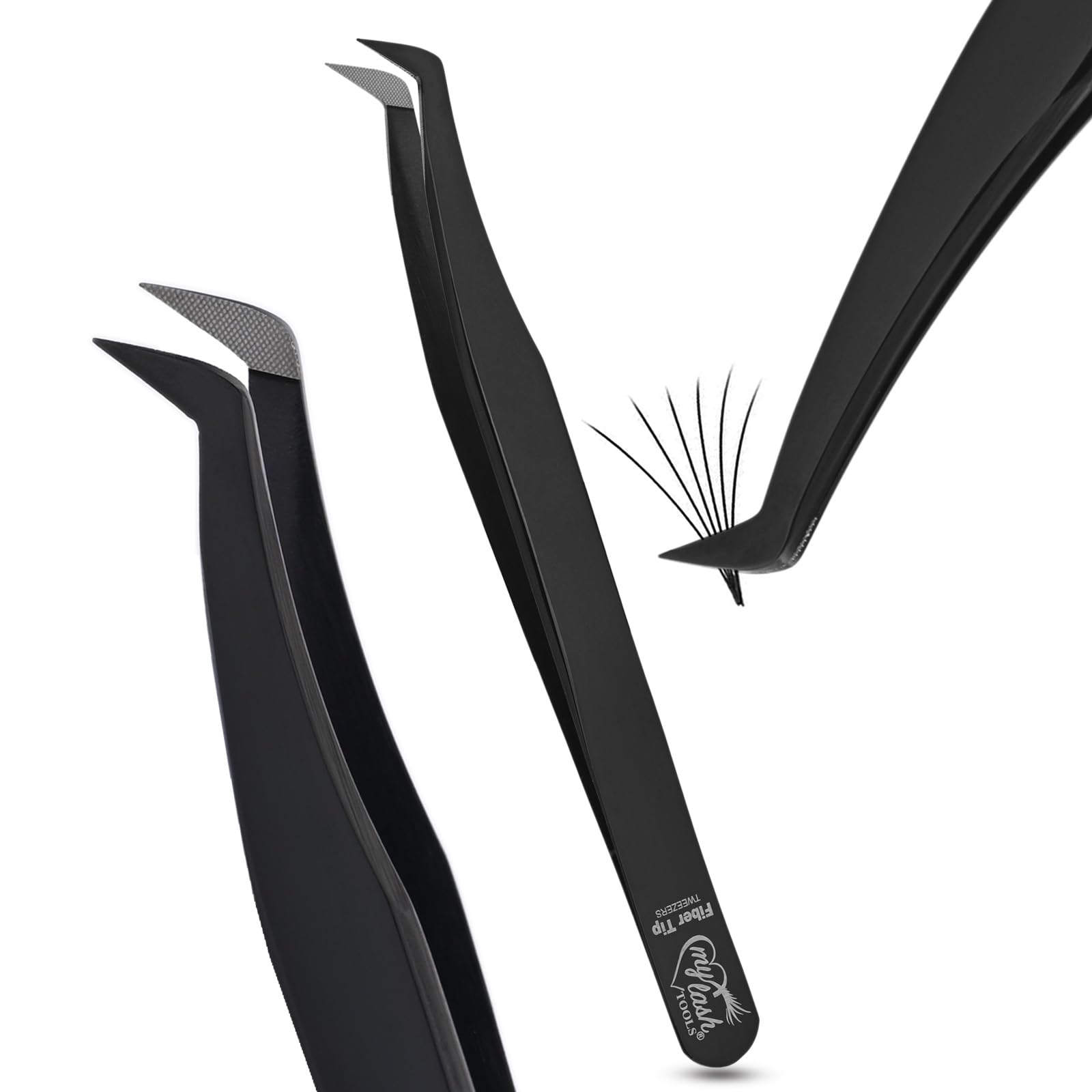 Fiber Tip Lash Tweezers for Eyelash Extensions – Mega Volume Precision Tweezer, Stainless Steel, Non Slip Grip, Professional Classic Lash Tool for Volume Fans (Black)