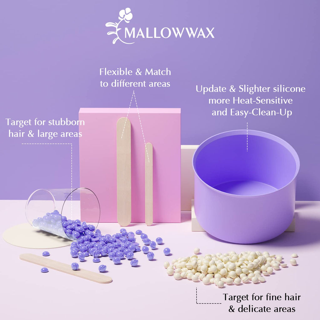 Waxing Kit,Wax Warmer for Hair Removal with Adjustable Temperature Dial.Mallowwax Wax Machine for Full Body Hair Removal Sensitive Skin with 14.1oz Wax Beads and A Reusable Silicone Wax Pot
