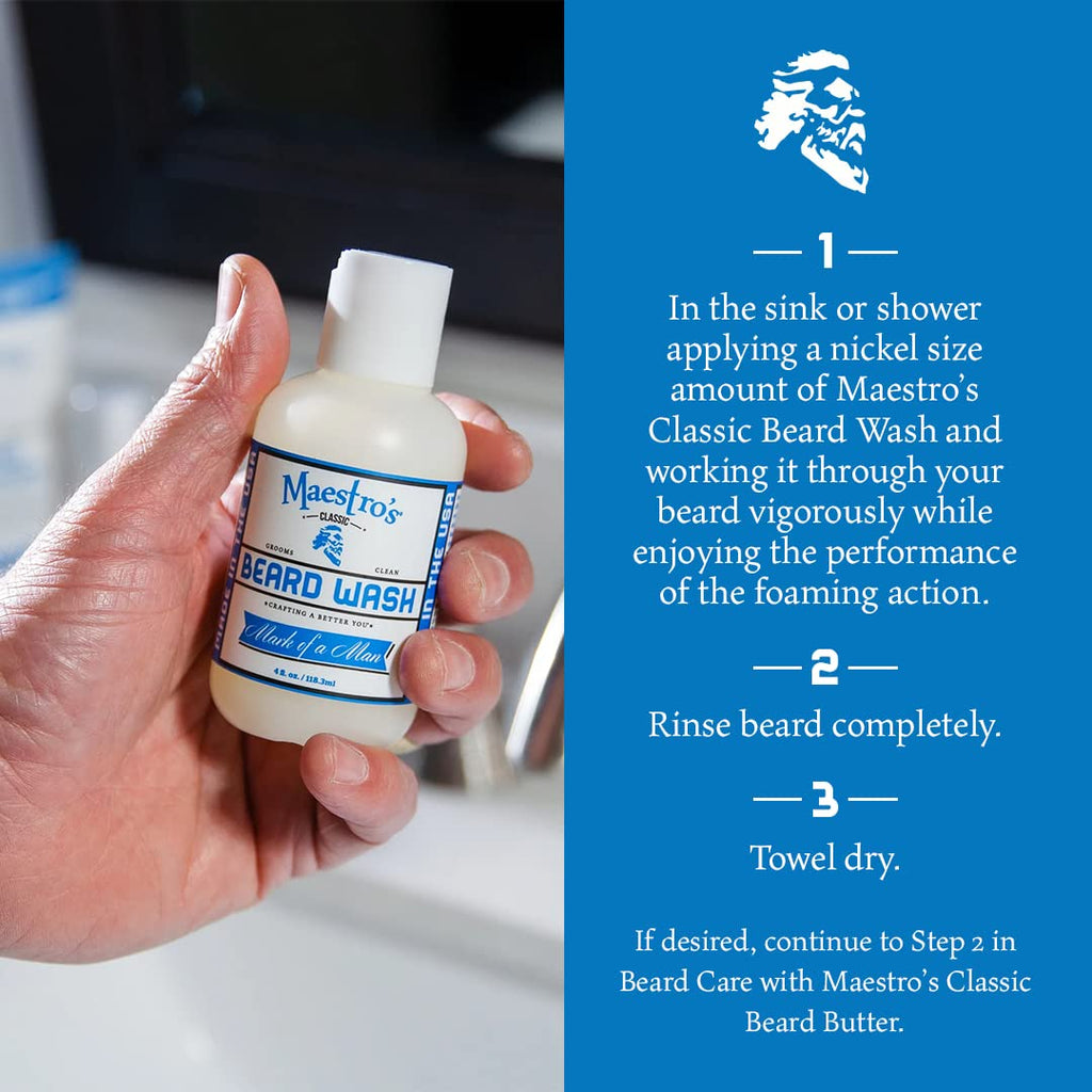 Maestro's Classic BEARD WASH | Anti-Itch, Deep Cleaning, Non-Drying, Fully Hydrating Gentle Cleanser For All Beard Types and Lengths- Mark of a Man Blend, 8 Ounce