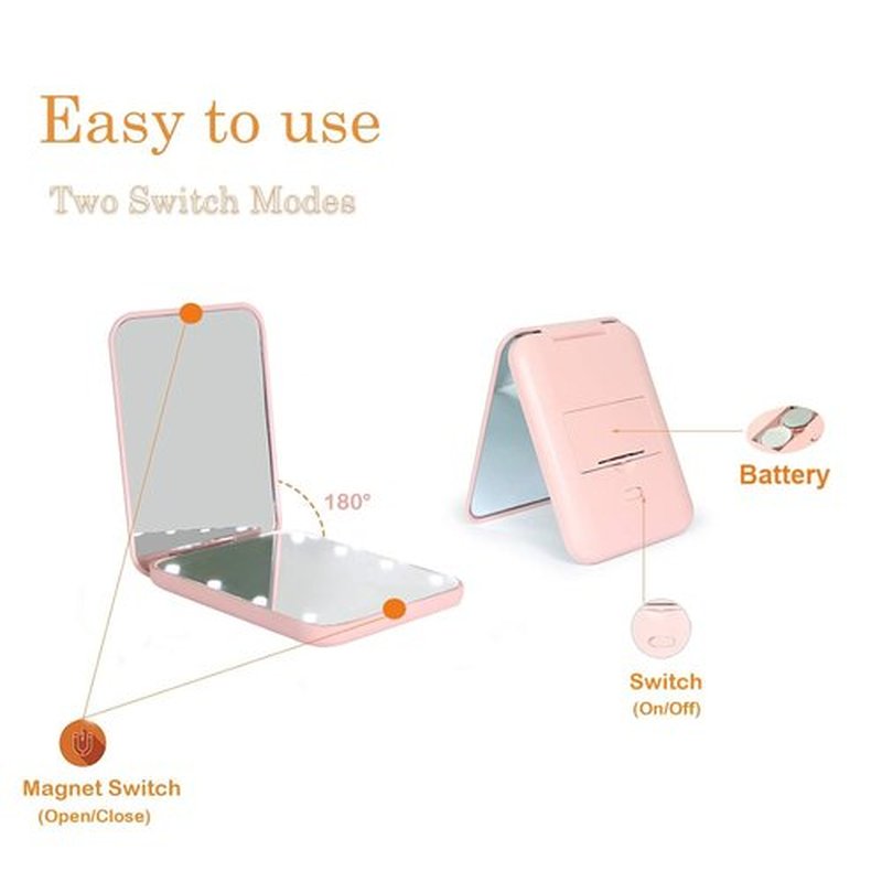 Kintion Compact Travel Makeup Mirror - 1X/3X Magnification with LED Light | Portable Folding Design, Pink