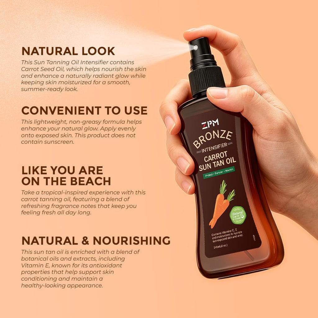 Carrot Sun Tanning Oil Spray for Outdoor Sun, Tan intensifier for Medium Deep with Narural Moisturizing Oils to Keep Skin Hydrated, Moisturizing Body Oil, Vegan and Cruelty-Free, SPF 0, 8oz