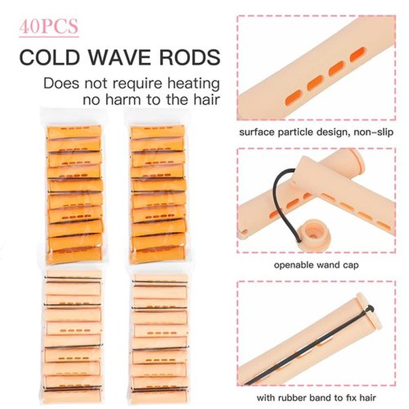 Perm Rods Set for Natural Hair Plastic Cold Wave Rods Orange Perm Rods for Long Short Hair Rollers Hair Curling Rods for Women Hair DIY Hairdressing Tools (40 Count, Orange+Beige)