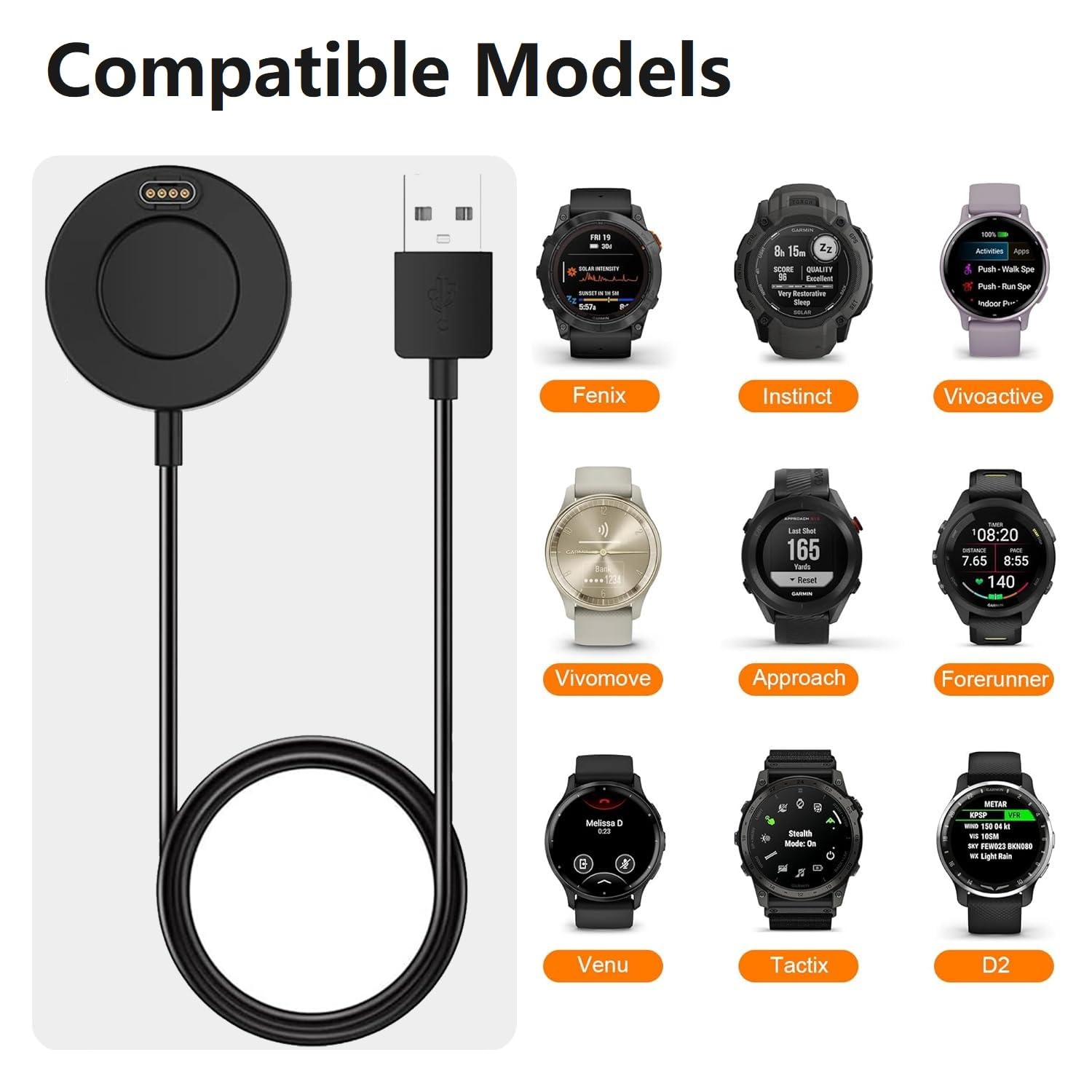 Charger Compatible for Garmin Fenix 5/5S/5X, Fenix 6/6S/6X, Fenix 7/7S/7X, Fenix 8 Charger Charging Stand, Charging Dock Station Cradle Holder with 1m USB Cable for Vivoactive 3/4/5/6 Smartwatch