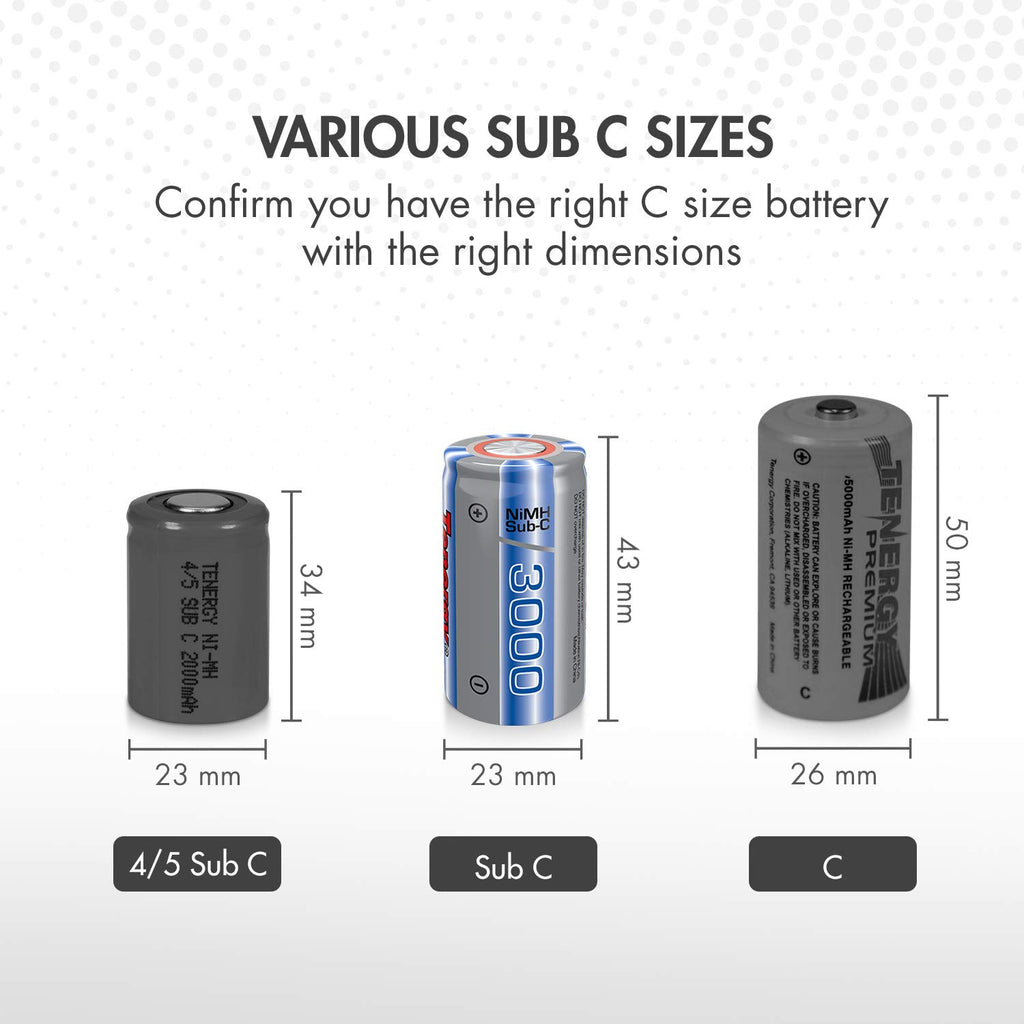 Tenergy NiMH SubC 1.2V 3000mAh Rechargeable Batteries, with Tabs, 15 Pack