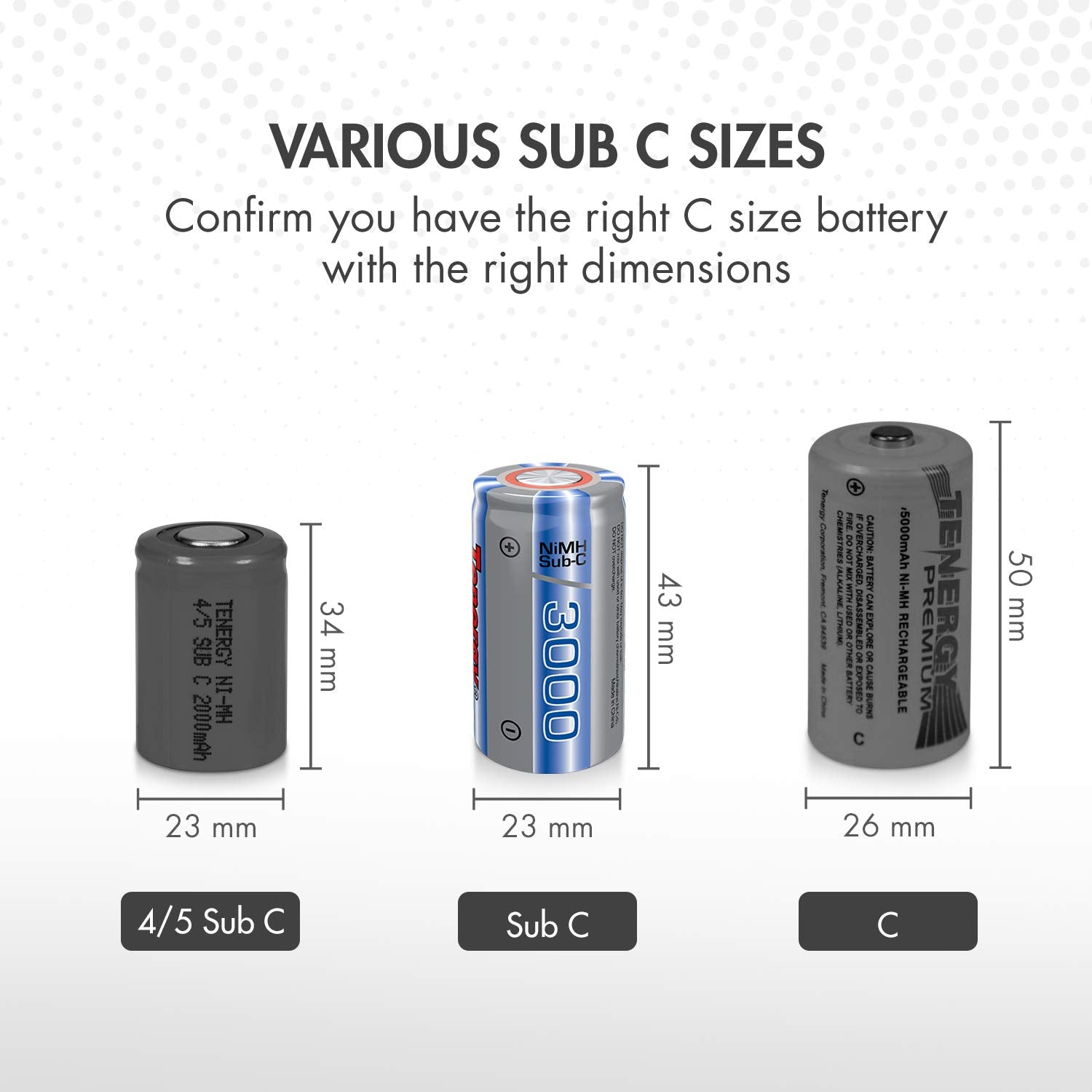 Tenergy NiMH SubC 1.2V 3000mAh Rechargeable Batteries, with Tabs, 15 Pack