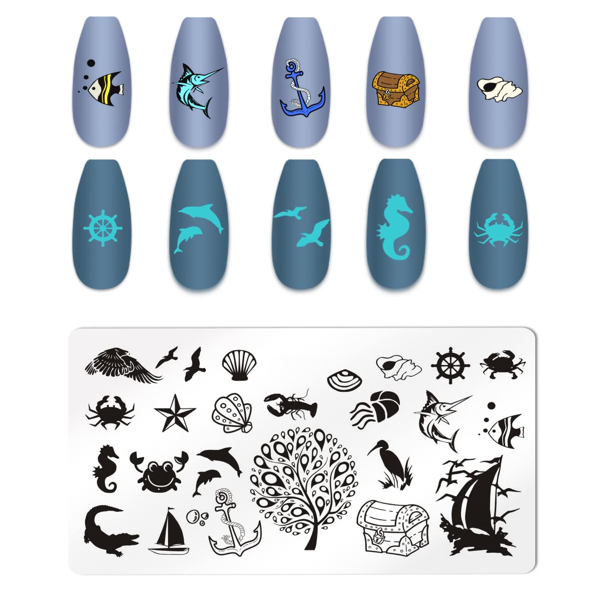 XEAOHESY 6pcs Seaside Scenery Nail Stamping Plate Nail Stamping Kit for Nails Summer Beach Coconut Trees Sunset Waves Sea Animals Image Plates Nail Stamper Kit