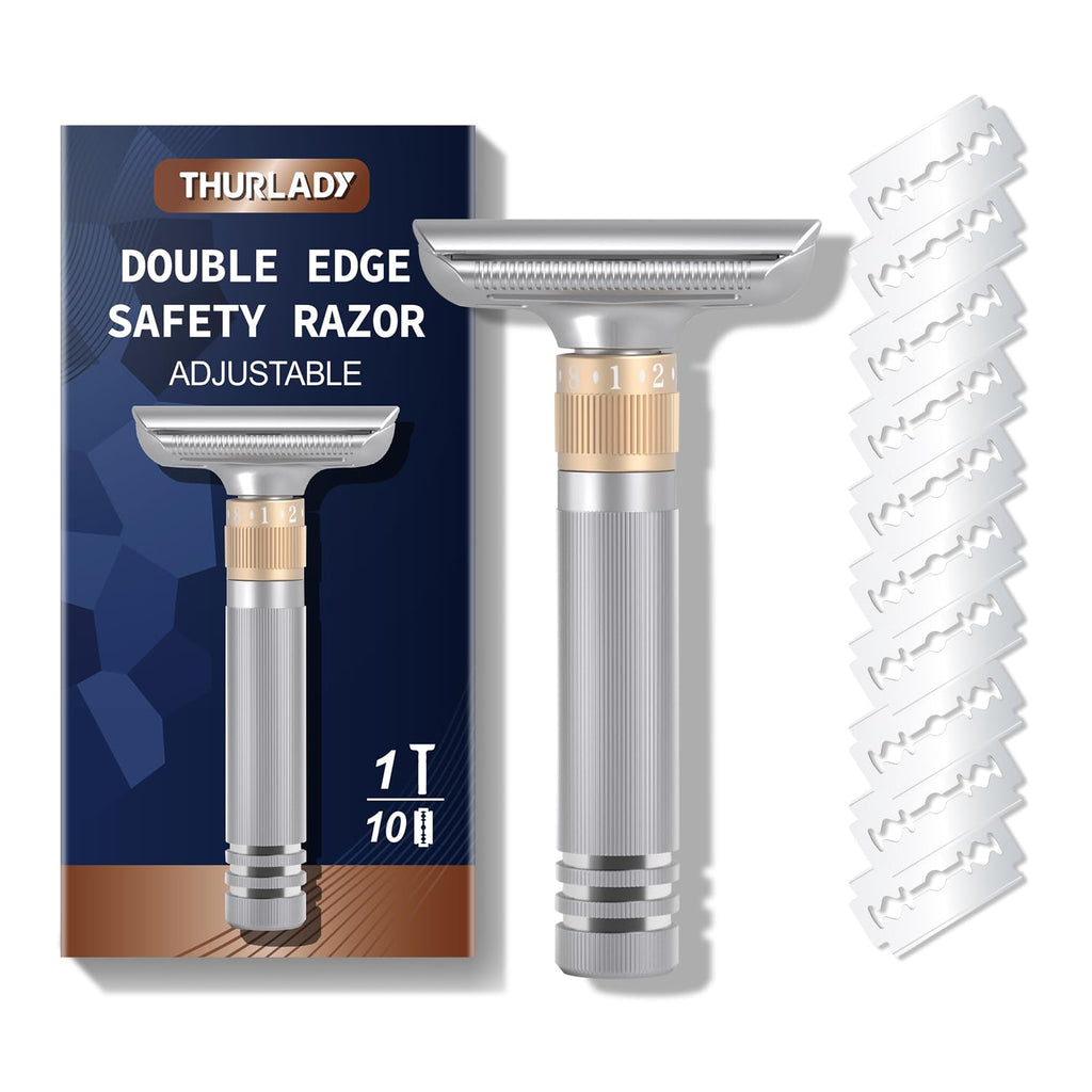 THURLADY Double Edge Safety Razor, Single Blade Razors for Men, with 10 Platinum Coated Swedish Safety Razor Blades, Sustainable, Close and Smooth Wet Shaving, Adjustable Blade Angle, Matte Silver
