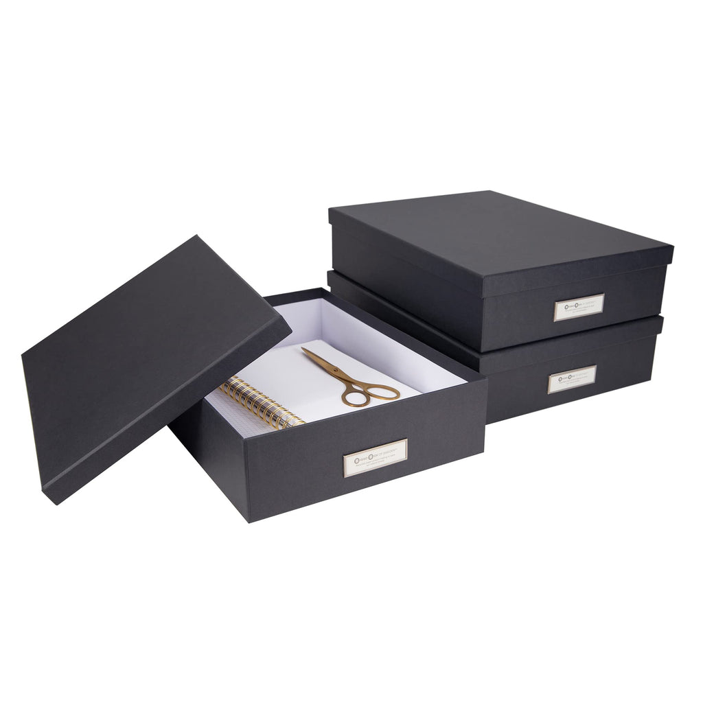 Bigso Oskar Fiberboard Label Frame Document Letter Box - File Organizer Box for Important Paperwork - Document Storage with a Lid & Label Window - 3.3 in x 10.2 in x 13.8 in - 3 Pack - Dark Grey