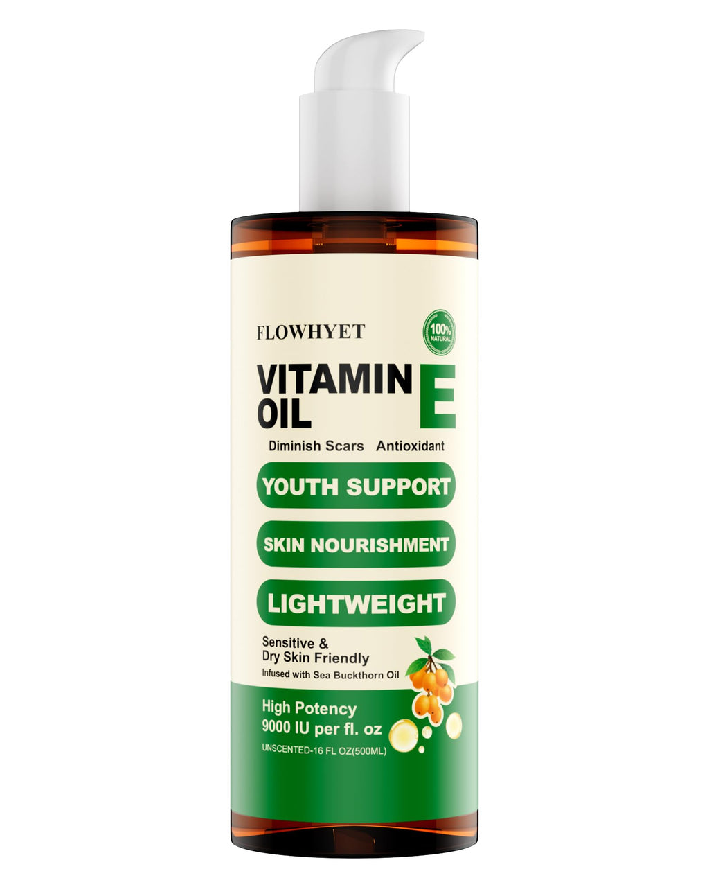 FLOWHYET 16 Floz Pure Vitamin E Oil For Scars, Organic vit e Nail Oil for Face, Skin, Body and Hair, Nourish Dry Skin, Maintain Youthful, Antioxidant, Fade Scars LIGHTWEIGHT - 500ml