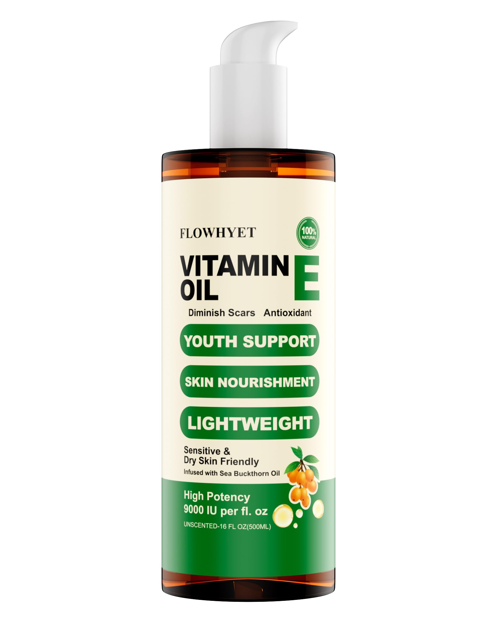 FLOWHYET 16 Floz Pure Vitamin E Oil For Scars, Organic vit e Nail Oil for Face, Skin, Body and Hair, Nourish Dry Skin, Maintain Youthful, Antioxidant, Fade Scars LIGHTWEIGHT - 500ml