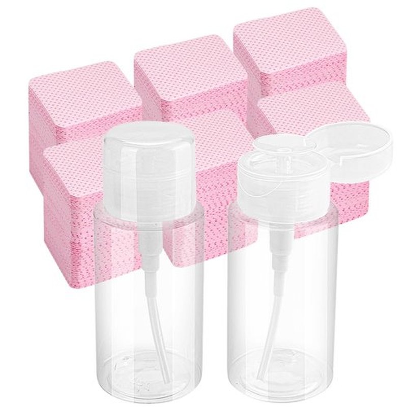 Pack of 2 Nail Polish Remover Pump Empty Dispenser Bottle with 540PCS Lint Free Nail Wipes for Alcohol, Acetone, Nail Polish and Makeup Remover Bullet Point 150 ml (2 Plastic Bottle and Wipe)