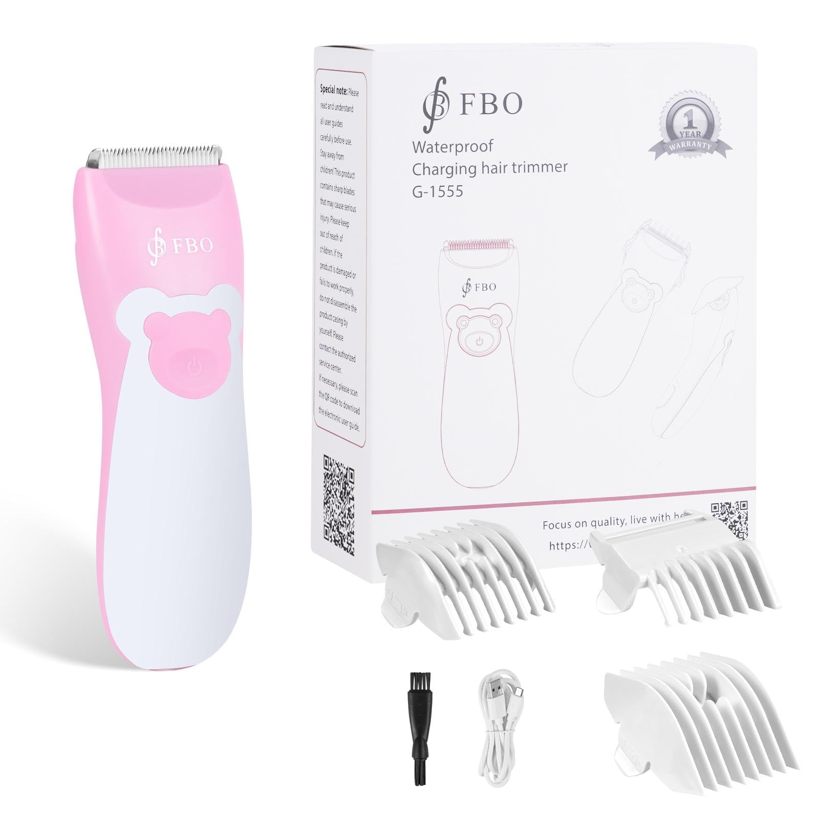 FBO Baby Hair Clipper, Professional Quiet Waterproof Painless Body Hair Trimmer, Multi-Purpose Grooming Kit for Infants, Toddlers & Adults, Home and Salon Use, Pink Bear