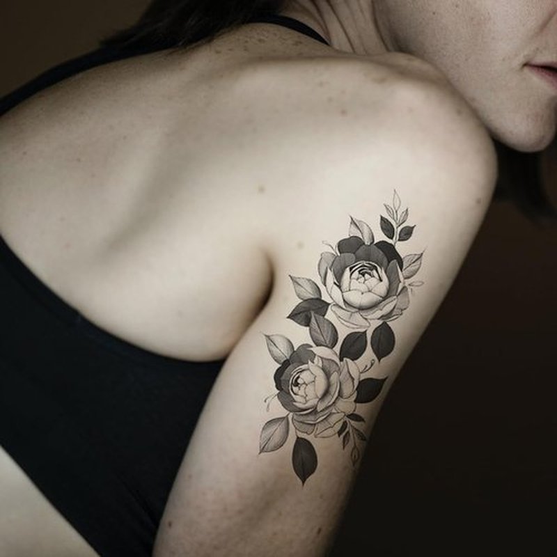 Oottati 10 Sheets Peony Rose Temporary Tattoos for Women Girls, Chinese Ink Painting Floral Fake Tattoo Stickers, Realistic Black and White Waterproof Long Lasting Body Art for Arm Back