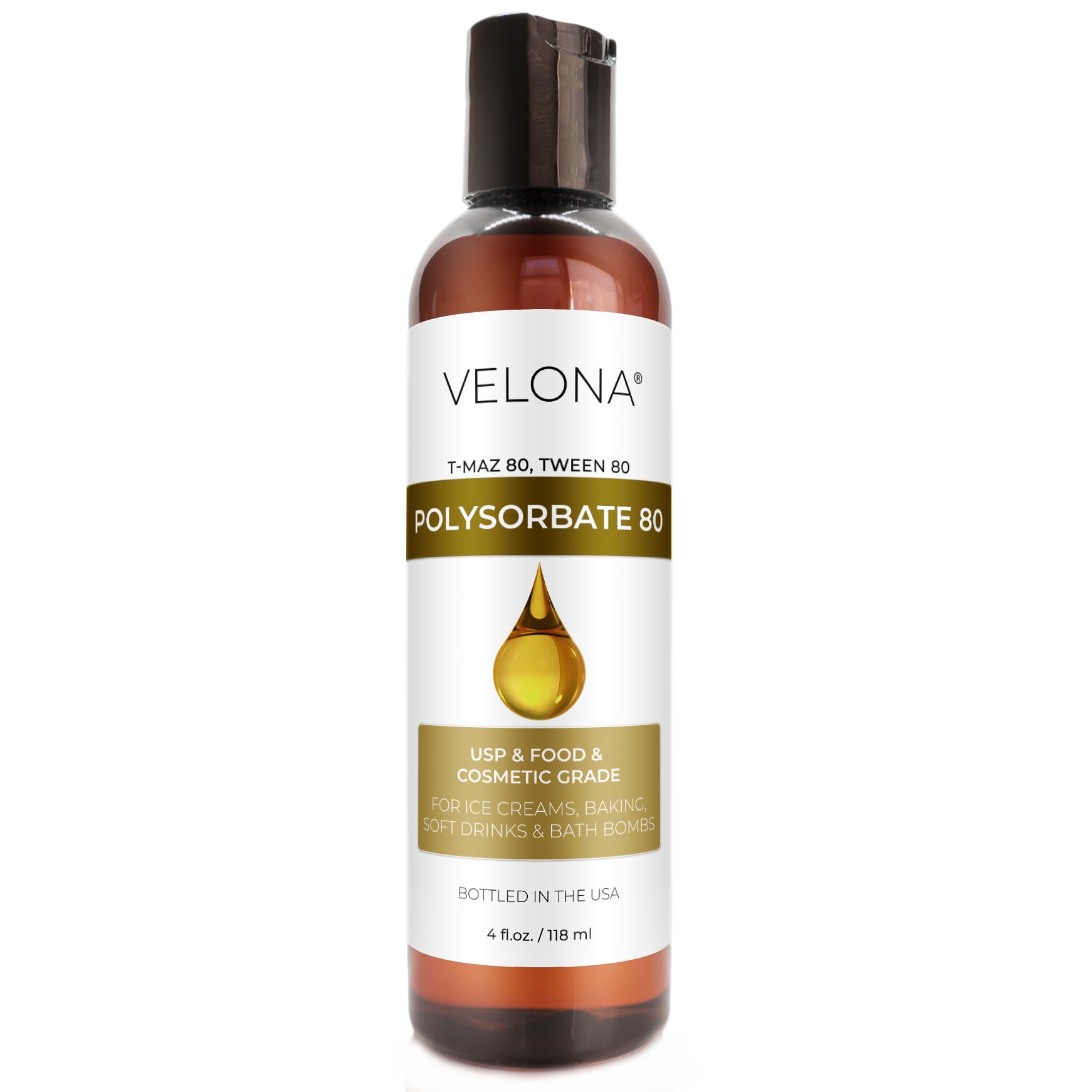 Polysorbate 80 by Velona - 4 Fl Oz | Solubilizer, Food & Cosmetic Grade | All Natural for Cooking, Skin Care and Bath Bombs, Sprays, Foam Maker | Use Today - Enjoy Results