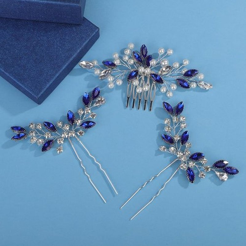Missgrace Bride Blue Wedding Hair Side Comb with Hair Pins Pearls Women Hair Comb Rhinestone Crystal Headpiece Dainty Bridal Hair Accessories for Women