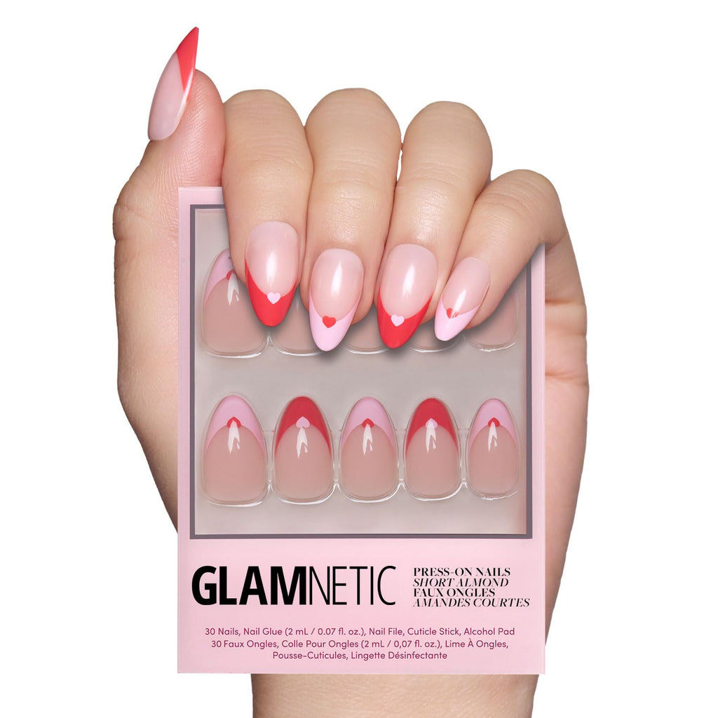 Valentines Day Glamnetic Press On Nails - Pure Hearted | Glossy, Semi-Transparent Short Almond Nails with Heart Accents, Salon Quality | 15 Sizes - 30 Nail Kit with Glue
