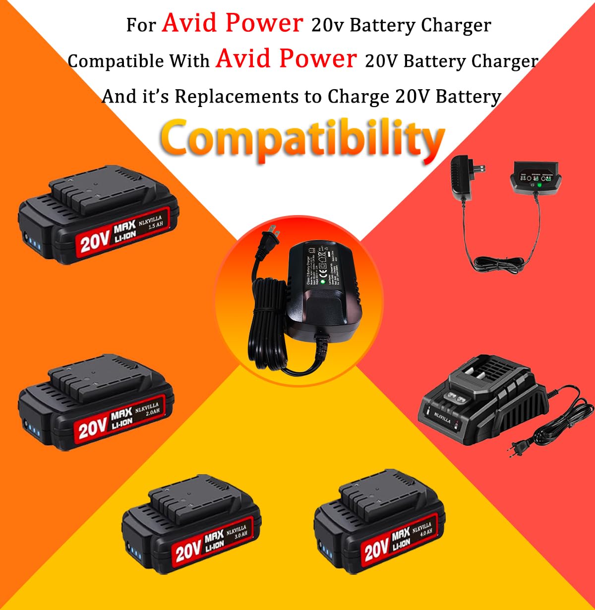 20V Max for AVID Power Fast Lithium Ion Battery Charger LED Indicator Light Can be Used for 20V Battery 2207EB Not 3A