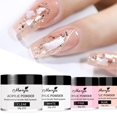 Monja Acrylic Powder - 4PCS 30g Professional Colored Acrylic Nail Powder for Acrylic Nails Extension 3D Nail Art Acrylic Polymer Powder Manicure Salon DIY No Need Nail Lamp