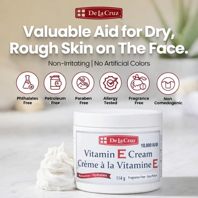 De La Cruz Vitamin E Cream FRAGRANCE FREE Moisturizer for Face and Neck - Moisturizing Skin Care for All Skin Types - Made in USA, 4 oz.
