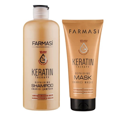 FARMASi Keratin Therapy Shampoo 12.2 fl oz & Hair Mask Set 6.7 fl oz: Repairing Cleanse & Deep Conditioning System for Dry Damaged Hair, Smoothness & Shine