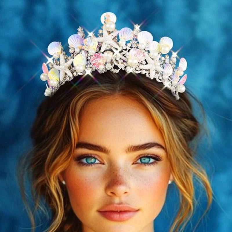 JEAIRTS Mermaid Crown Silver Shell Tiara Sparkly Ocean Princess Hair Accessories for Women