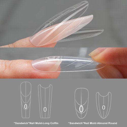Tucepu Original Sandwich Nails Dual Forms - 150Pcs Almond Round Nail Mold for Quick Nails Extension, No Paper Forms Needed, 15 Sizes Plastic Form, Salon Nail Art Tools
