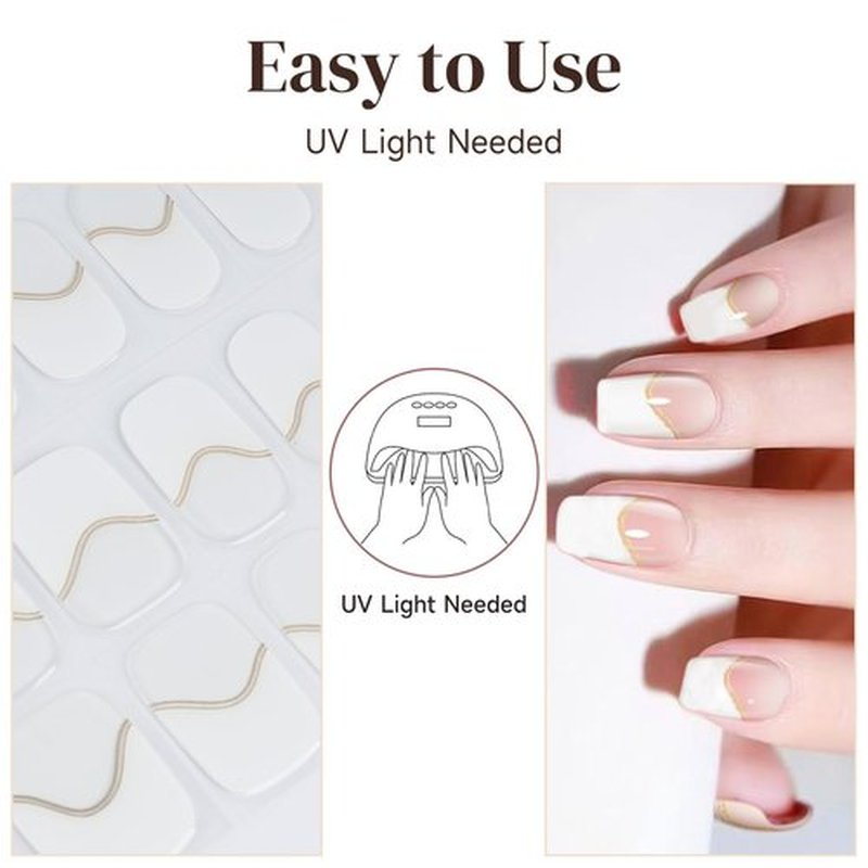 Semi Cured Gel Nail Strips, 28 pcs Gel Nails Stickers for Women Work with Any UV Lamp, Long Lasting Nail Wraps for Home DIY Nails Art (Gilded French)