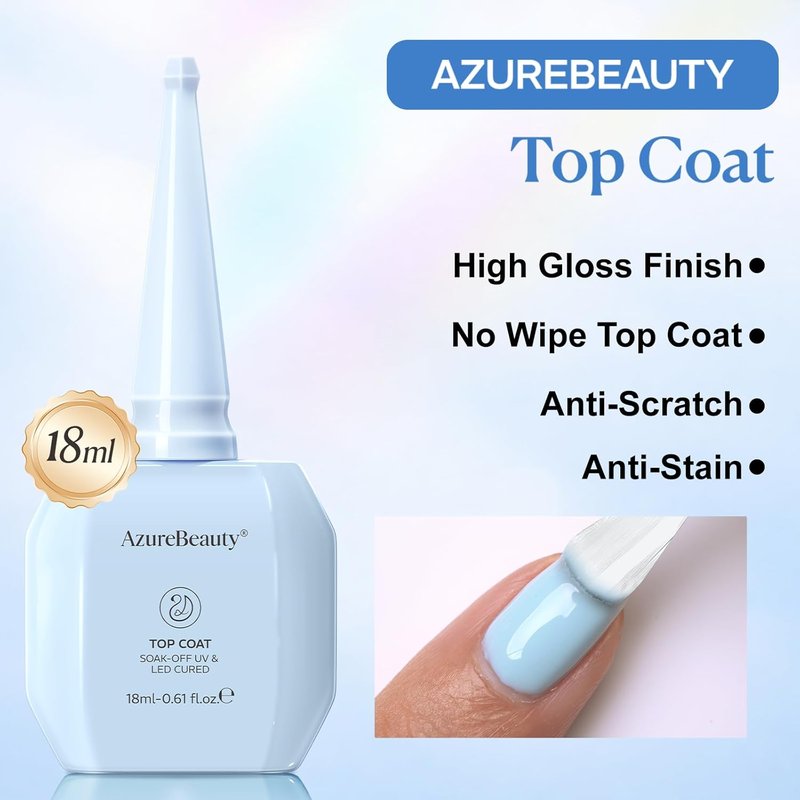 AZUREBEAUTY Gel Top Coat - No Wipe High Gloss Finish | 18ml Clear Long-Lasting Shine for Manicure