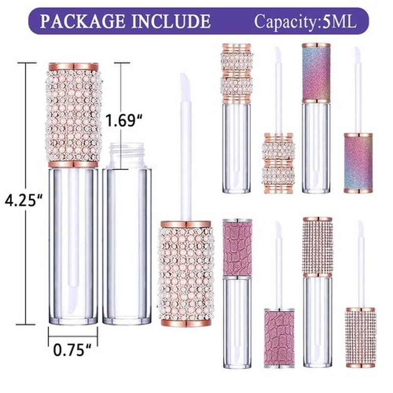 AMORIX 50 Pack Diamond Lip Gloss Tubes with Wand 5ml Empty Rhinestone Lip Gloss Containers + 3pcs Syringes + Labels for DIY Base