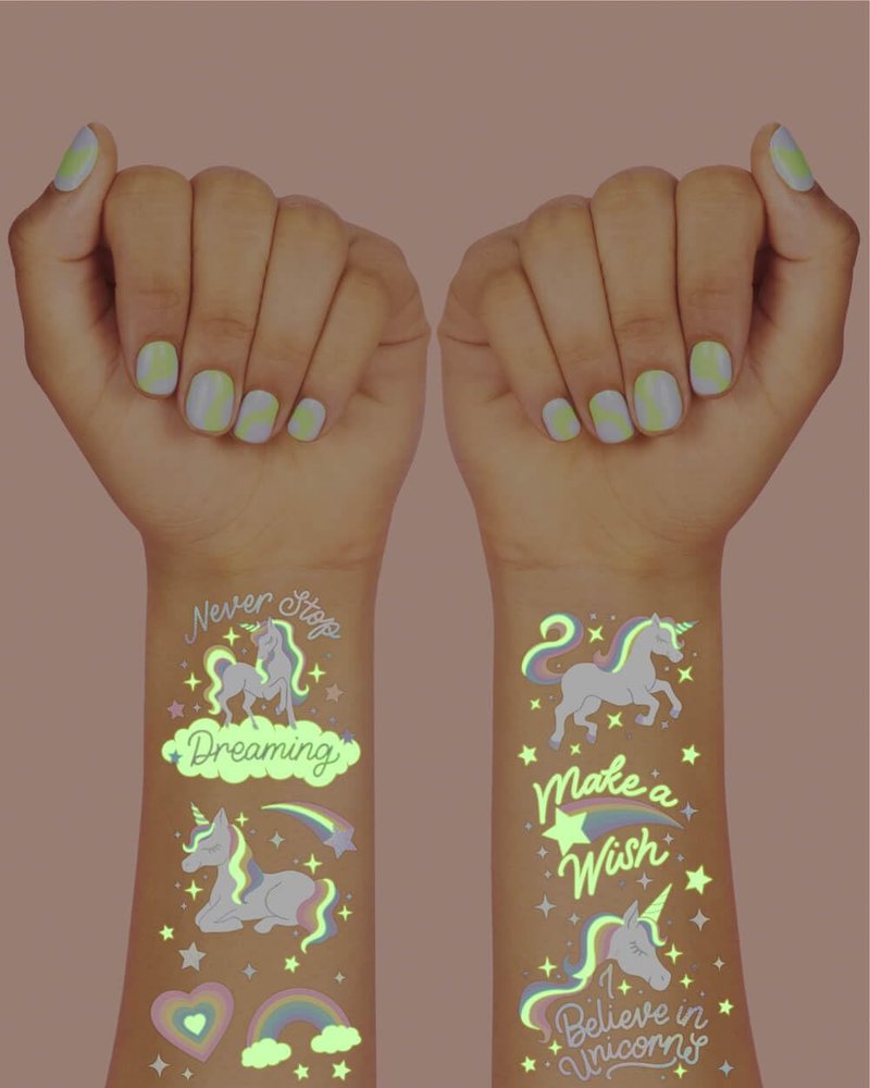 xo, Fetti Rainbow Unicorn Party Favors - Temporary Tattoos - 46 Glow In The Dark Styles | Birthday Party Supplies, Unicorn Favors Decorations, Toys + Halloween Costume