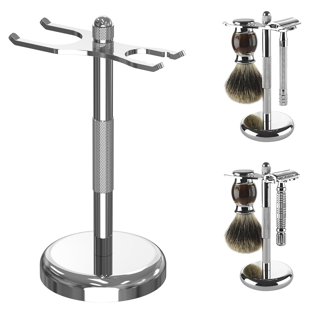 Linkidea Razor & Brush Holder, Deluxe Men's Stainless Steel Shaving Brush Hanger, Grooming Organizer for Bathroom, Shaver Stand Compatible with Merkur 23C (Silver)