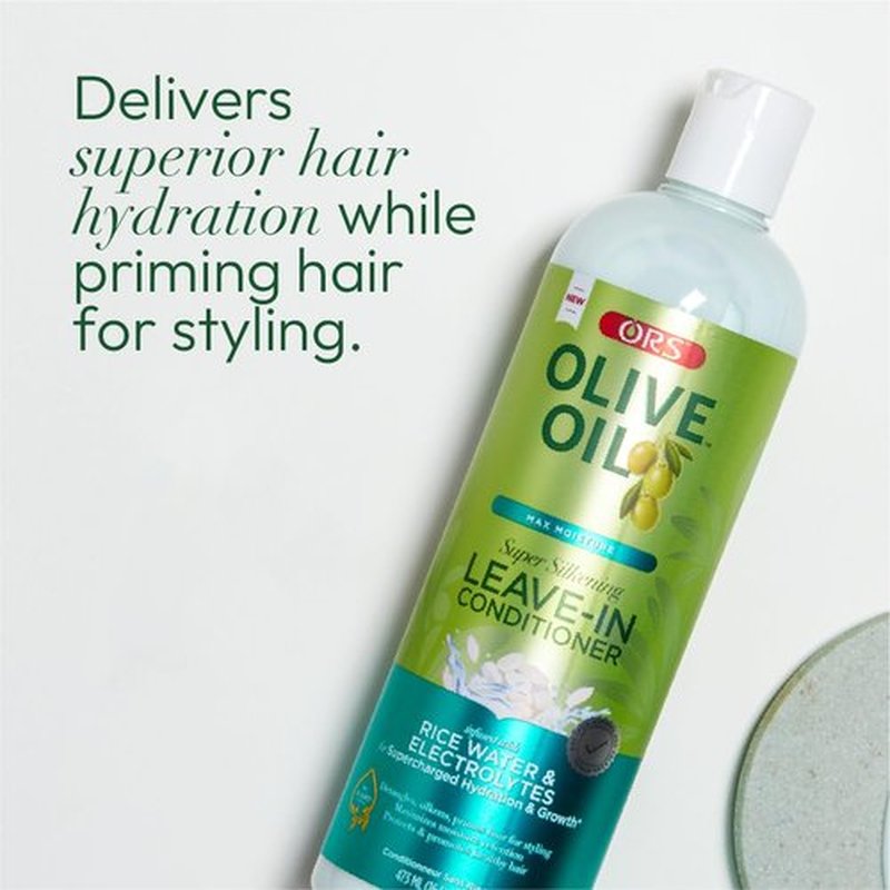 ORS Olive Oil Max Moisture Leave-In Conditioner with Rice Water and Electrolytes for Supercharged Hair Hydration 16.0 Ounce (Pack of 2)